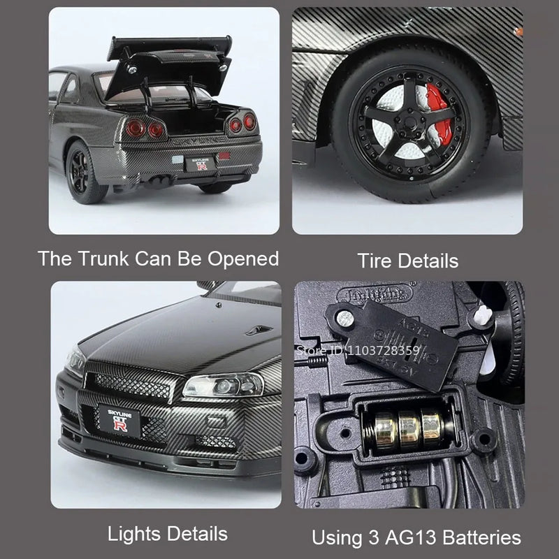 Carro Modelo 1:24 Nissan GTR R34 – Diecast com Som, Luz e Portas Abríveis