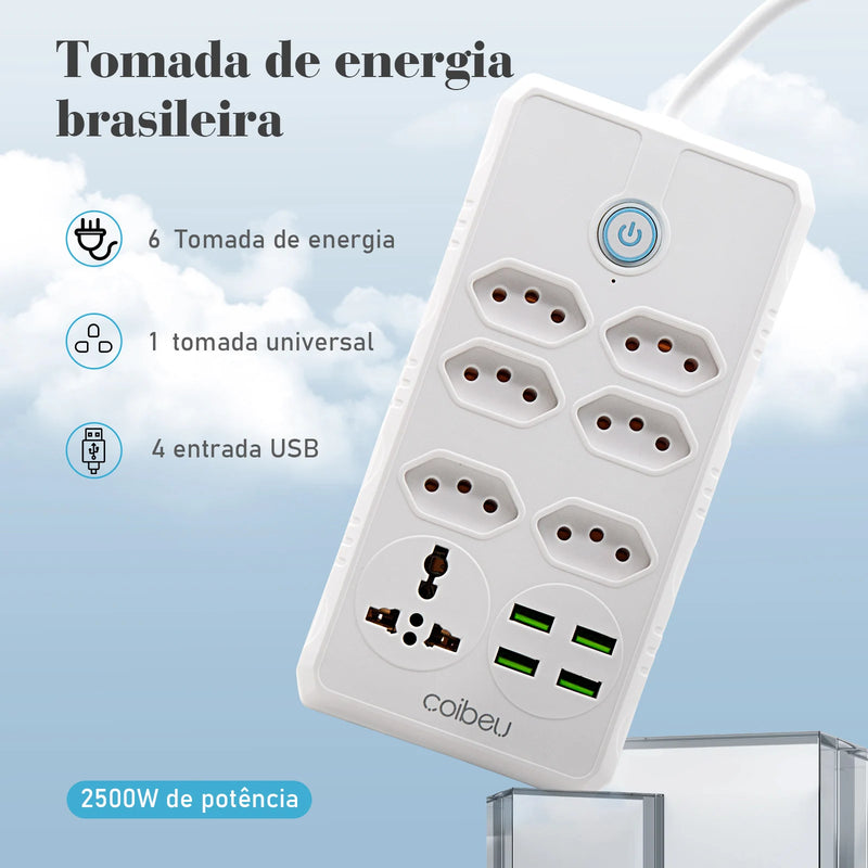 Filtro de Linha com Extensão e Entradas USB – 10A, 100–220V | Tomada com Proteção e Plugue Padrão Brasileiro