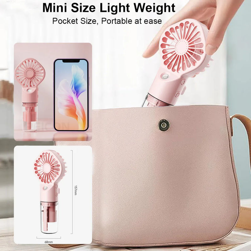 Ventilador Portátil com Umidificador – Mini Ventilador USB Recarregável com Névoa de Água | Ideal para Viagens, Trabalho e Uso Pessoal