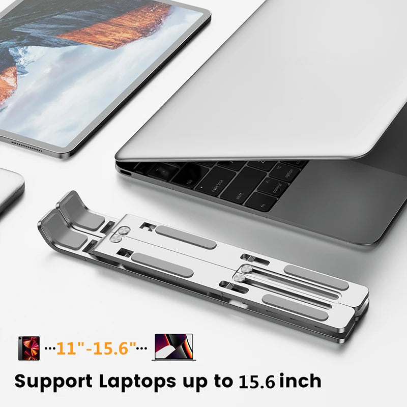 Suporte para Notebook em Alumínio – Ajustável, Dobrável, Portátil e Antiderrapante com Sistema de Resfriamento