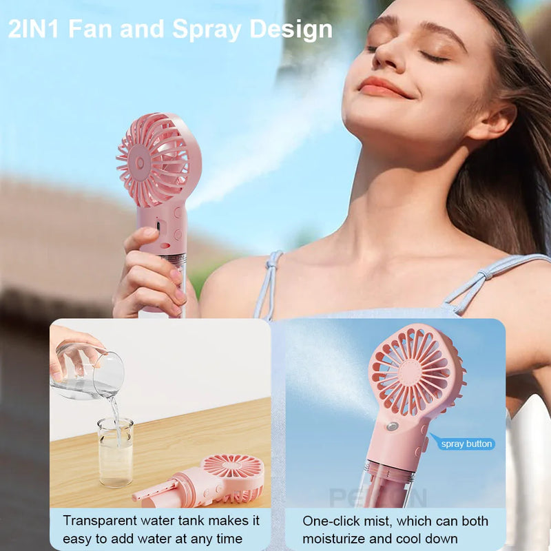 Ventilador Portátil com Umidificador – Mini Ventilador USB Recarregável com Névoa de Água | Ideal para Viagens, Trabalho e Uso Pessoal
