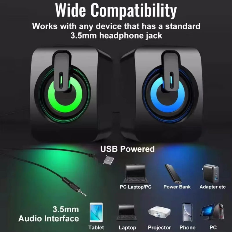 Caixa de Som USB para PC com LED – Som Estéreo Hi-Fi, Microfone Integrado e Subwoofer para Desktop