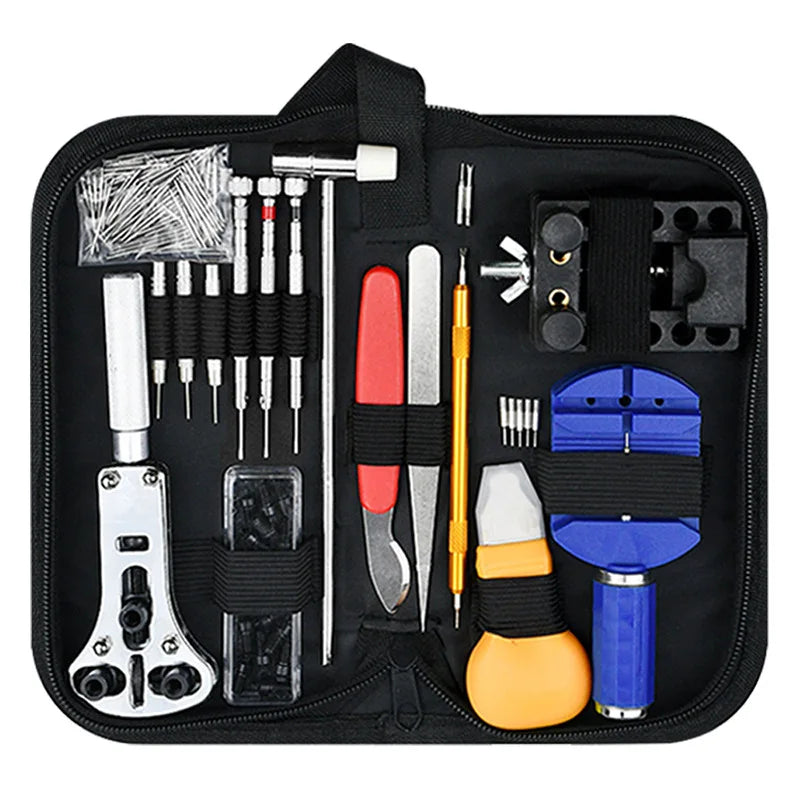 Kit Completo 147 Peças para Reparo de Relógios – Abridor de Caixa, Ferramentas de Ajuste de Pulseira, Chaves de Fenda e Bolsa Organizadora