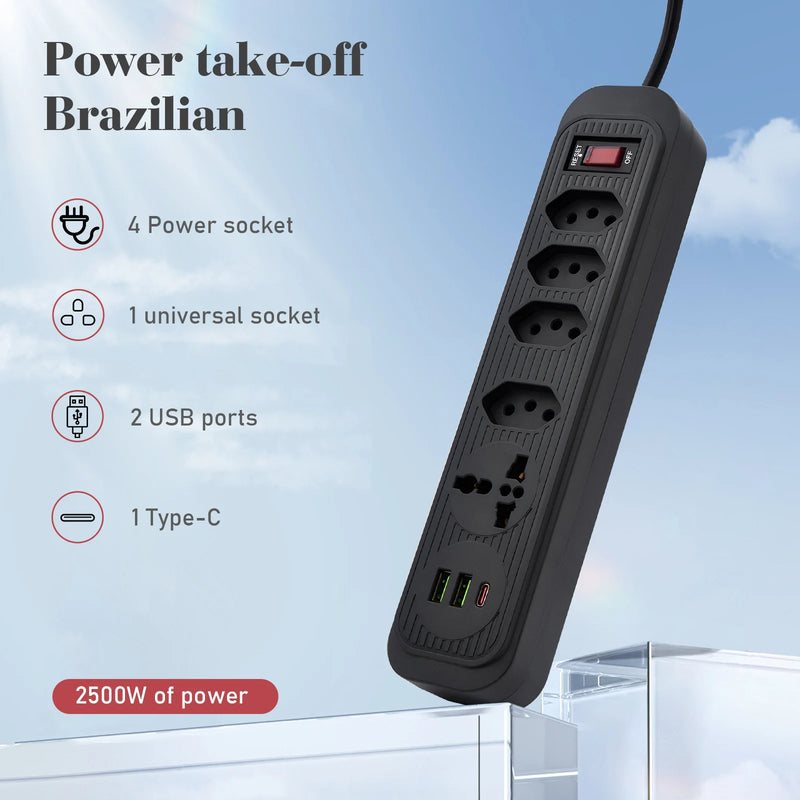 Filtro de Linha com Extensão e Entradas USB – 10A, 100–220V | Tomada com Proteção e Plugue Padrão Brasileiro