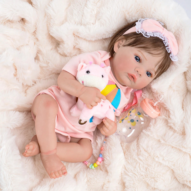 Boneca Reborn Realista 48cm – Olhos Azuis, Corpo de Silicone que Pode Ir ao Banho | Envio Rápido do Brasil