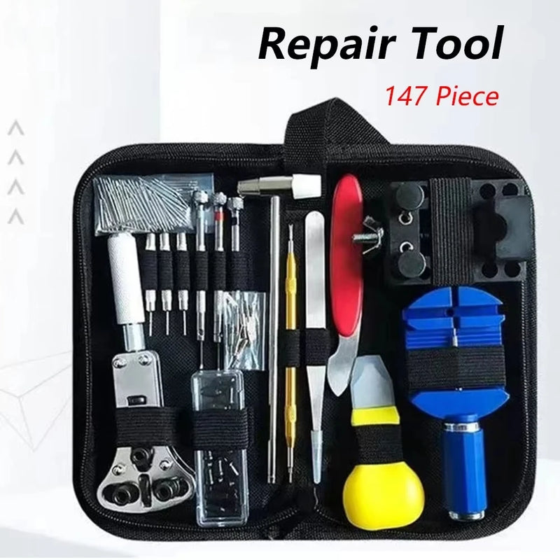 Kit Completo 147 Peças para Reparo de Relógios – Abridor de Caixa, Ferramentas de Ajuste de Pulseira, Chaves de Fenda e Bolsa Organizadora