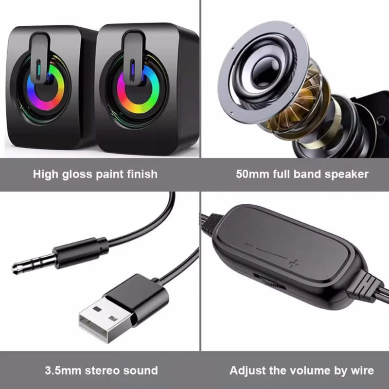 Caixa de Som USB para PC com LED – Som Estéreo Hi-Fi, Microfone Integrado e Subwoofer para Desktop