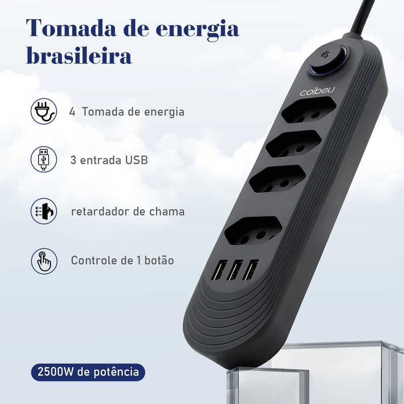 Filtro de Linha com Extensão e Entradas USB – 10A, 100–220V | Tomada com Proteção e Plugue Padrão Brasileiro