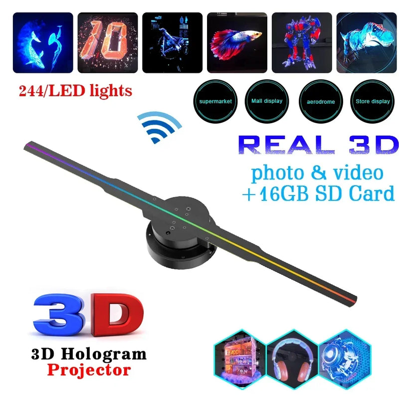Projetor Holográfico 3D de 42cm com Wi-Fi – Ventilador LED Rotativo com Controle Remoto, Exibição de Vídeos, Logotipos e Ícones Personalizados