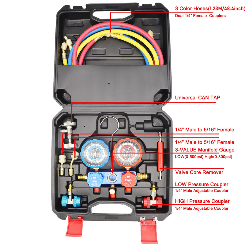 Kit Manômetro 3 Vias para Diagnóstico e Recarga de Ar Condicionado – Compatível com R134A, R404A, R410A e R22 | Com 2 Acopladores e Adaptador Can Tap