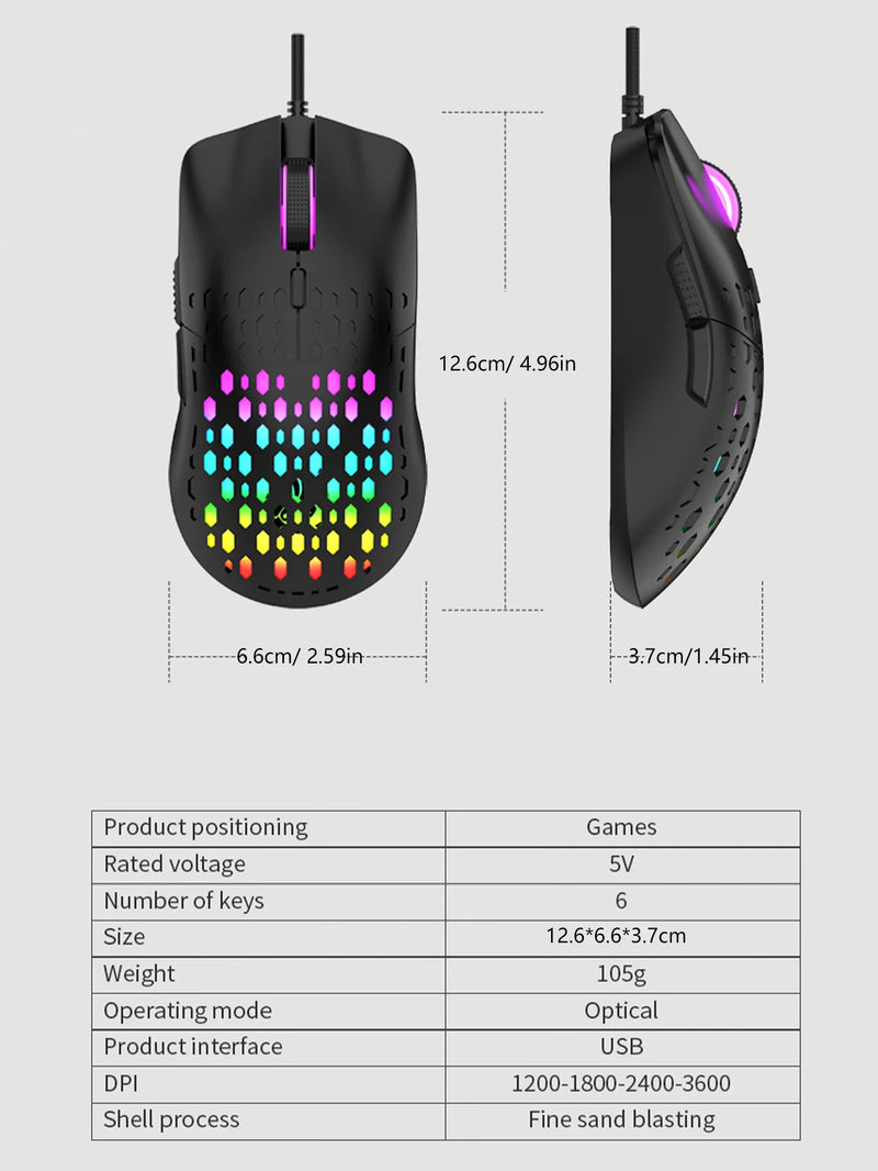 Mouse Gamer Sem Fio – Iluminação Colorida, DPI Ajustável, Design Honeycomb Moderno e Leve
