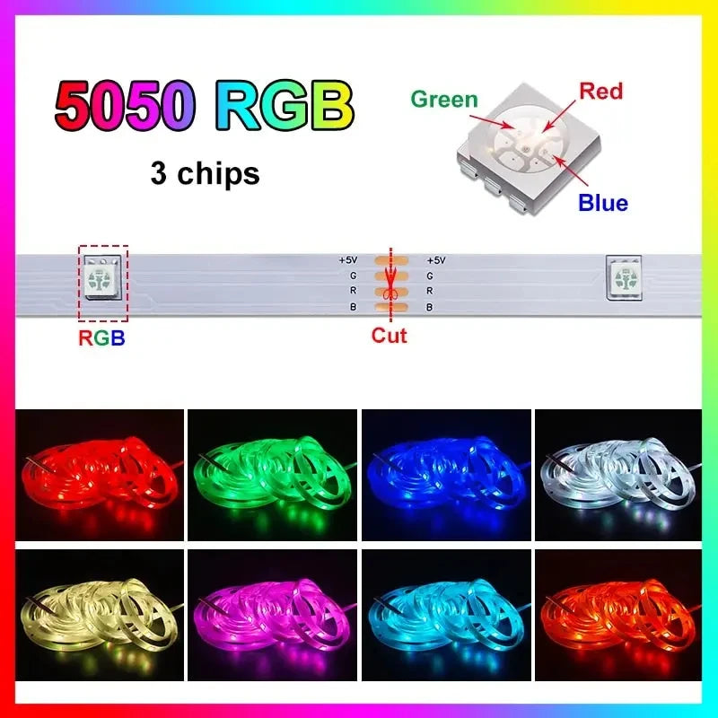 Fita LED RGB 5050 Inteligente – Controle via APP Bluetooth e Controle Remoto, USB 5V, Flexível para Decoração de Quartos e Natal
